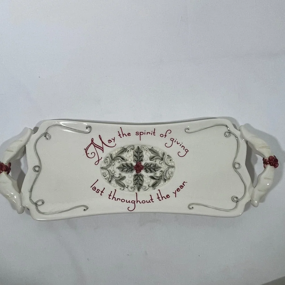Amscan‎ Ceramic Serving Tray Christmas Holly May Spirit of Giving 15.5x5.5